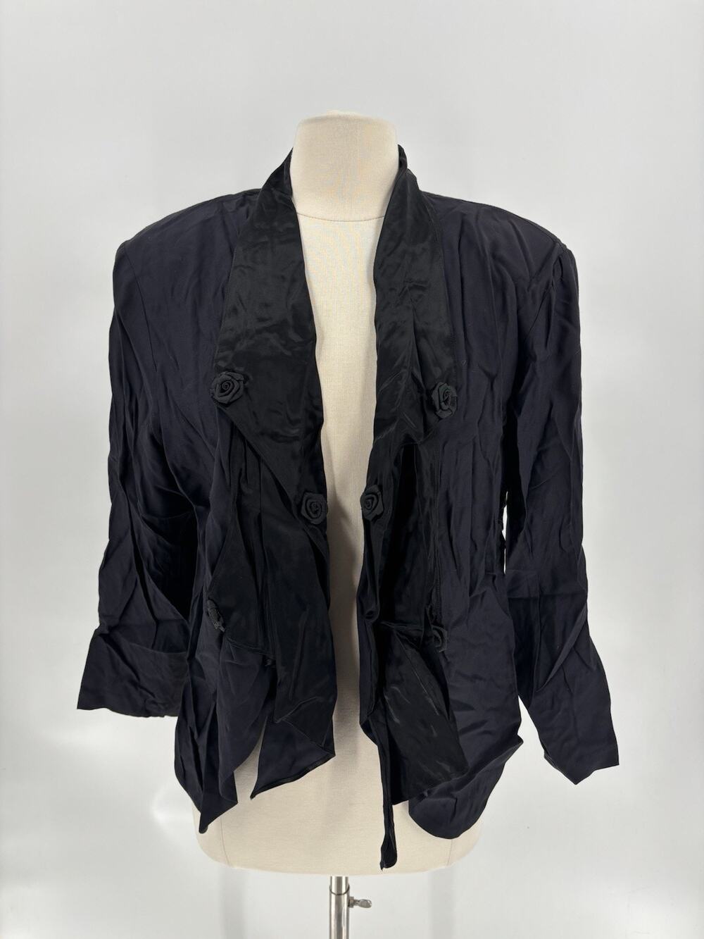 Vintage Jacket Womens 14 Black Open Floral Satin Collar Slit Back Evening 90s